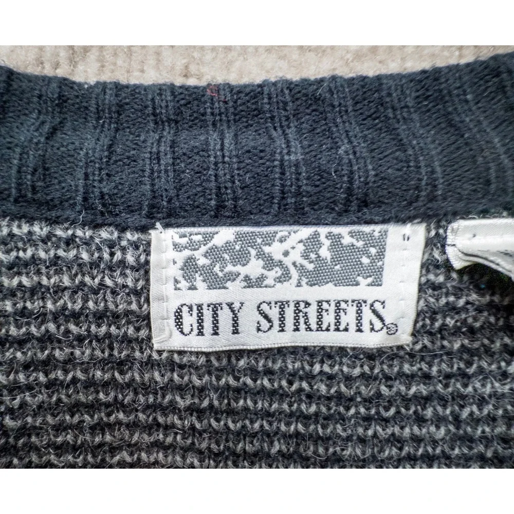 Vintage City Streets Mens Large Geometric Knit Cardigan Sweater Gray Black Korea